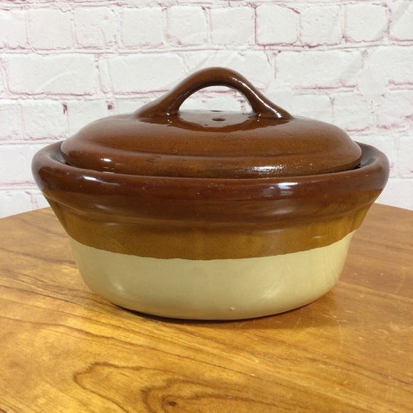 Vintage Two-Tone Brown Ceramic 1 Quart Covered Casserole - Picture 1 of 7